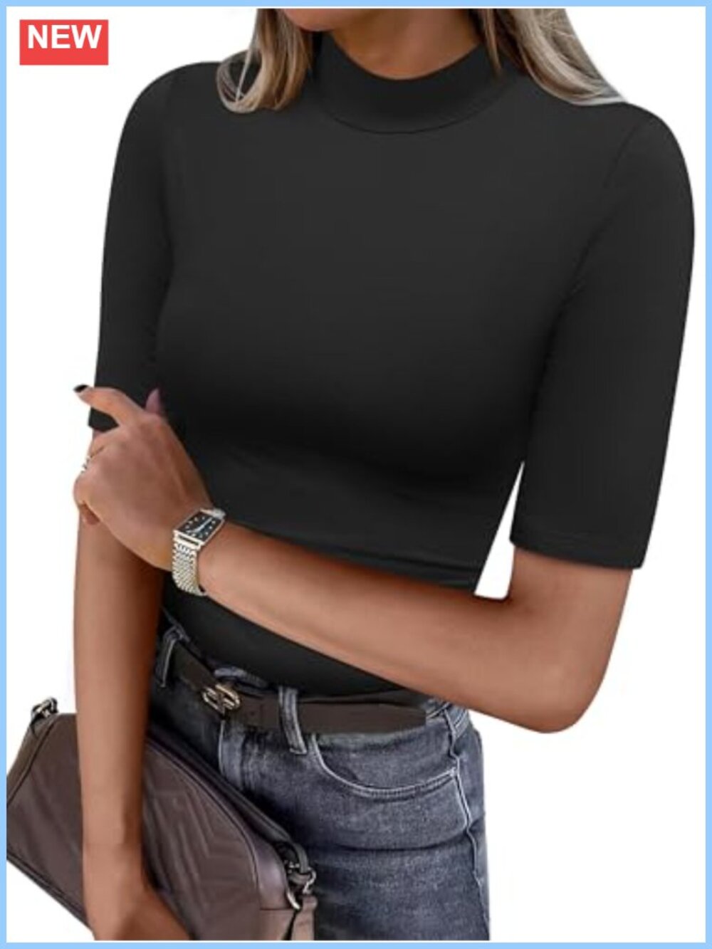 Women's Slim Fit Mock Neck Half Sleeve Basic Tee Work Top